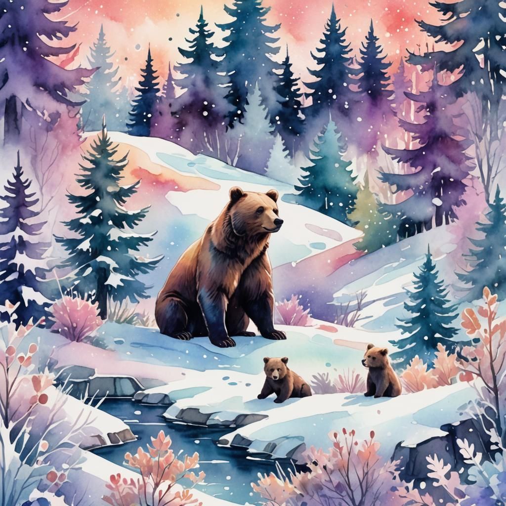 Kawaii Winter Wonderland: Mother Bear and Cub in Watercolor