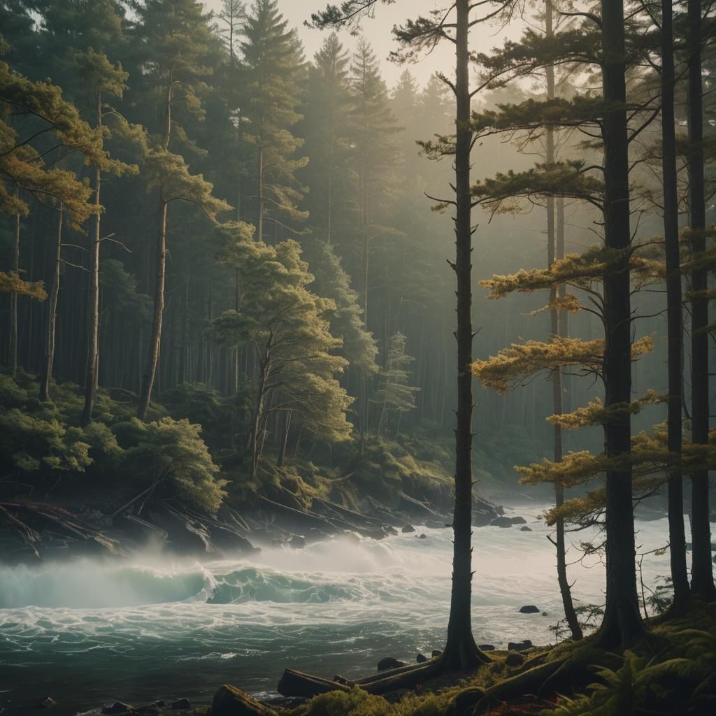Hyperrealistic Forest Meets Ocean: Cinematic Film Still