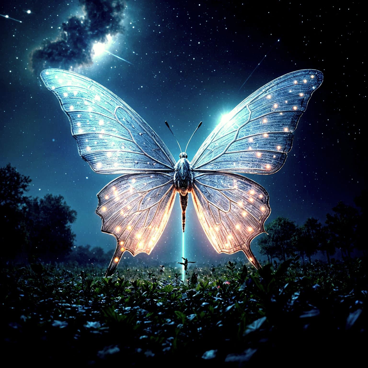 Giant Butterfly in Field at Night with Lasers
