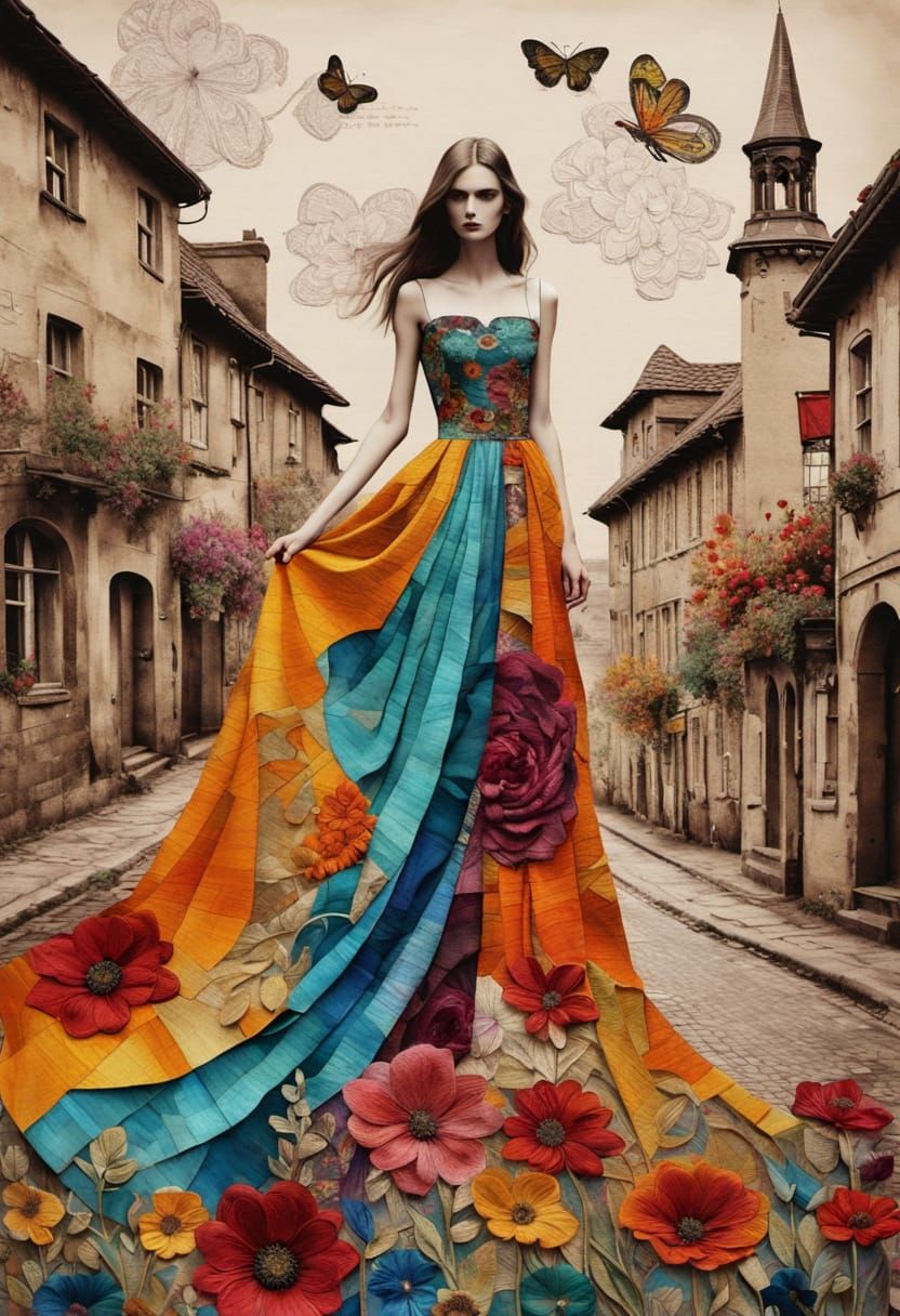 Woman in Fantastical Gown, Mixed Media Art