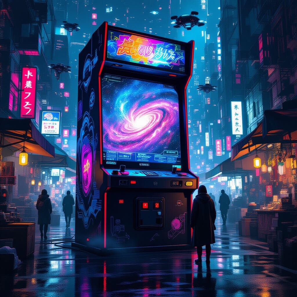 Cyberpunk Street Scene with Retro Arcade Cabinet