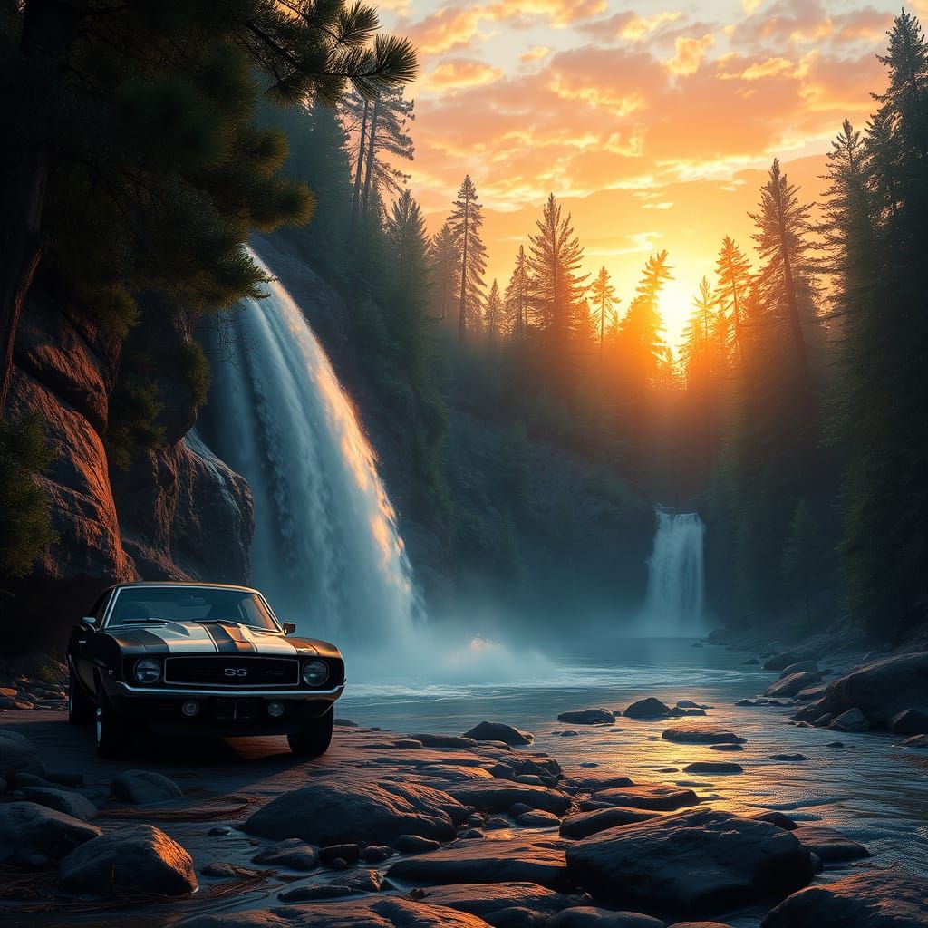 Majestic Pinetree Forest Sunset with a Vintage Camaro and Wa...