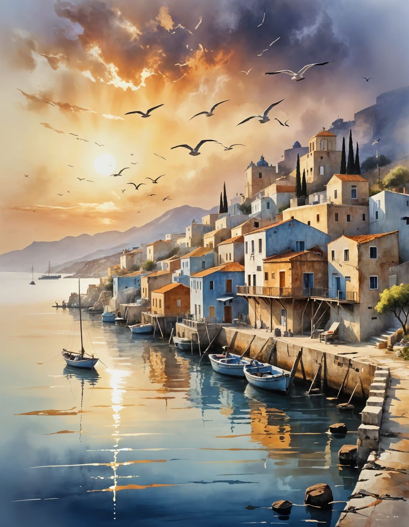 Idyllic Greek Village Bay in Ink Wash Style