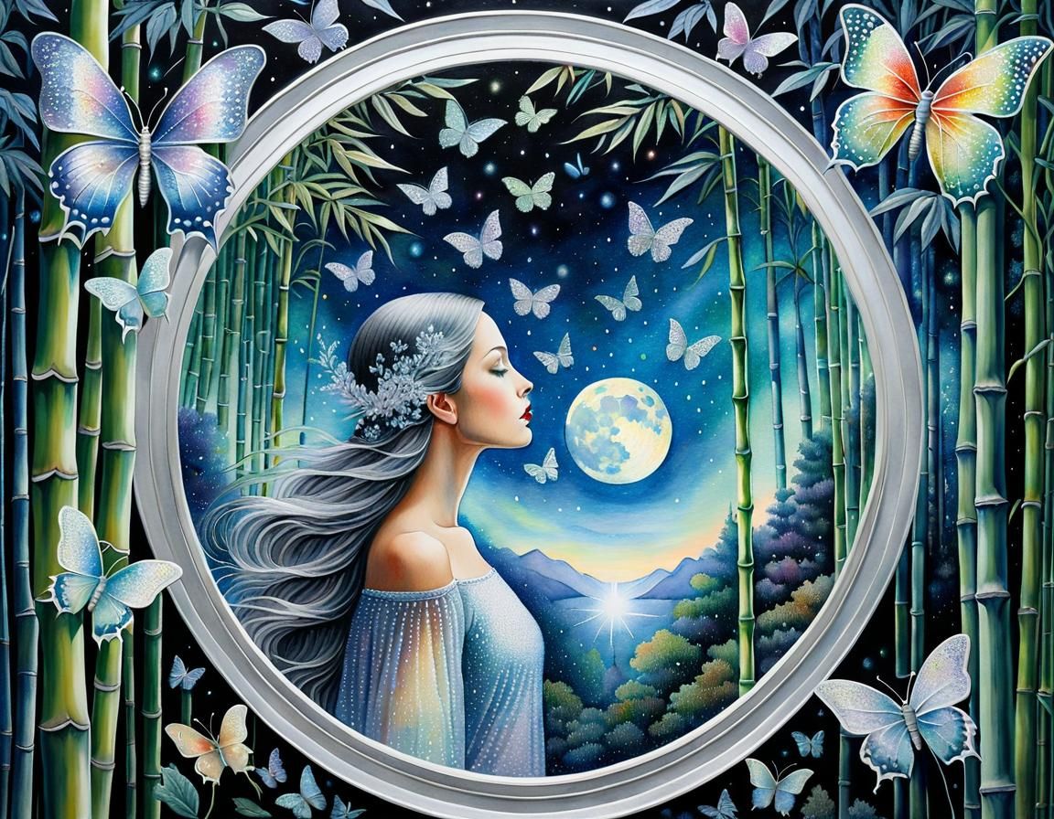 Ethereal Surrealism: Woman in Sky with Silver Moon
