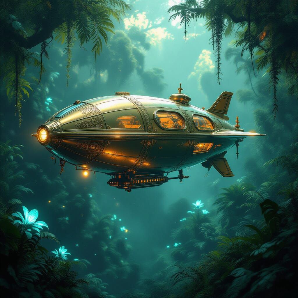 Antique Brass Spaceship Above Bioluminescent Jungle