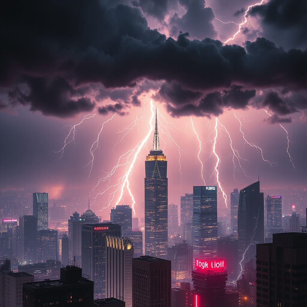 Cityscape Ablaze: Lightning Storm in Ominous Style