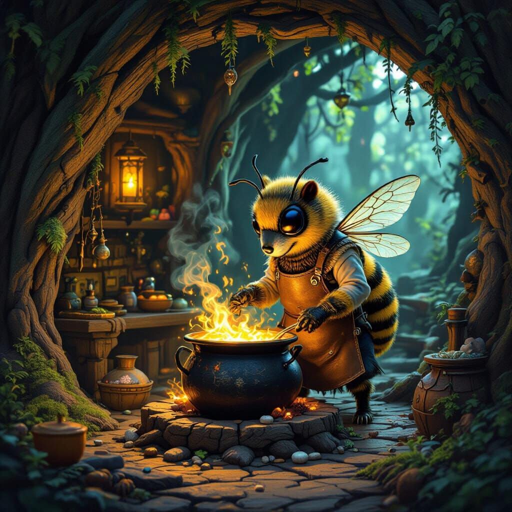 Giant Honeybee in Apron Tends Cauldron in Enchanted Forest T...