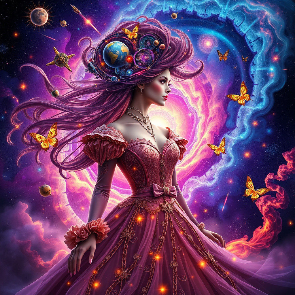 Cosmic Victorian Woman in Kaleidoscopic Dreamscape
