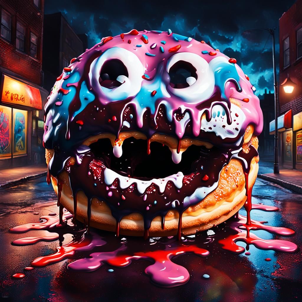 Vampire Donut Graffiti Splash Art on City Street