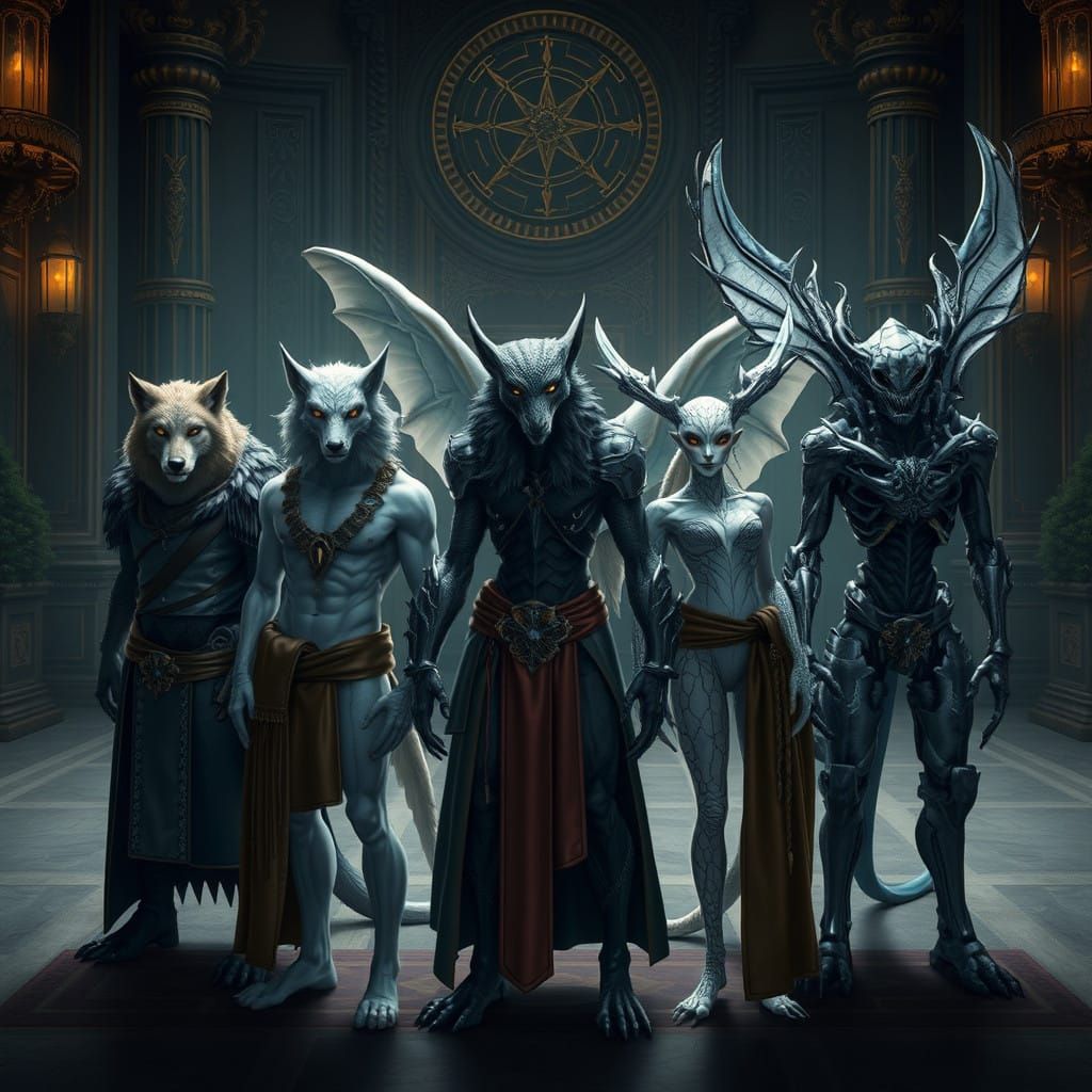 Regal Gathering of Kusen's Hybrid Children in a Dark, Gothic...