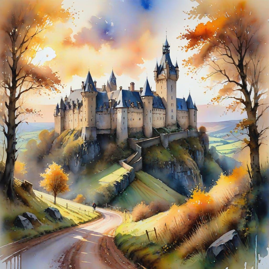 Bourscheid Castle in Watercolor at Golden Hour