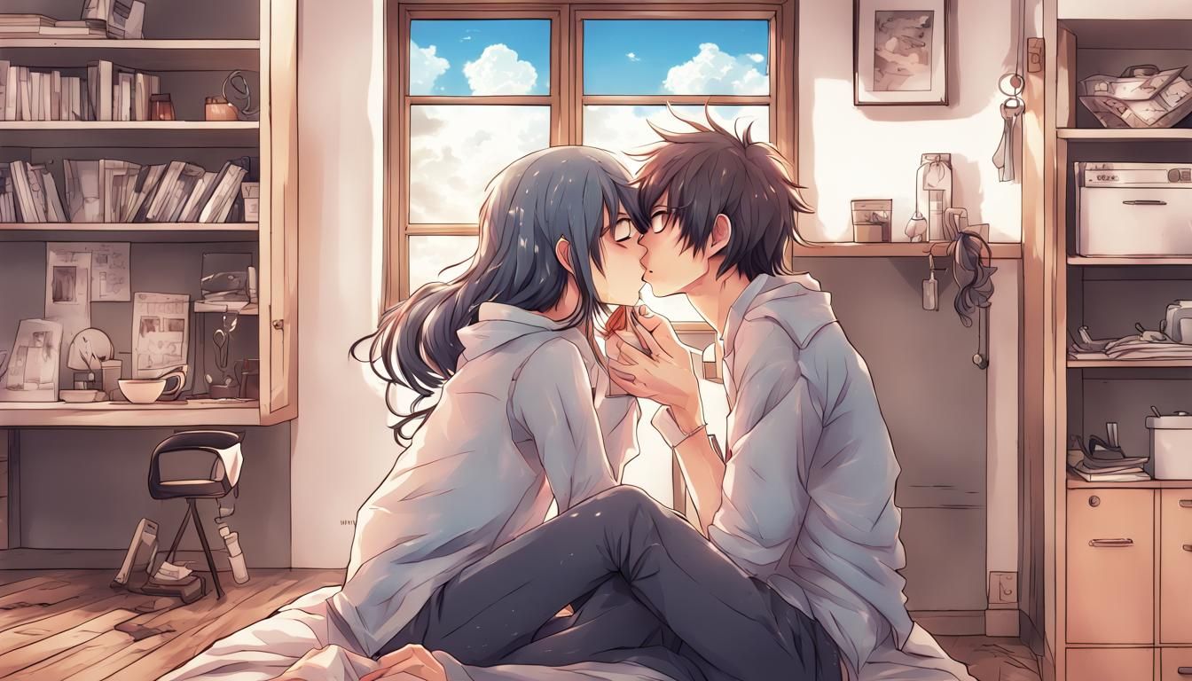 Apocalyptic Embrace: Anime-Style Kiss in Home
