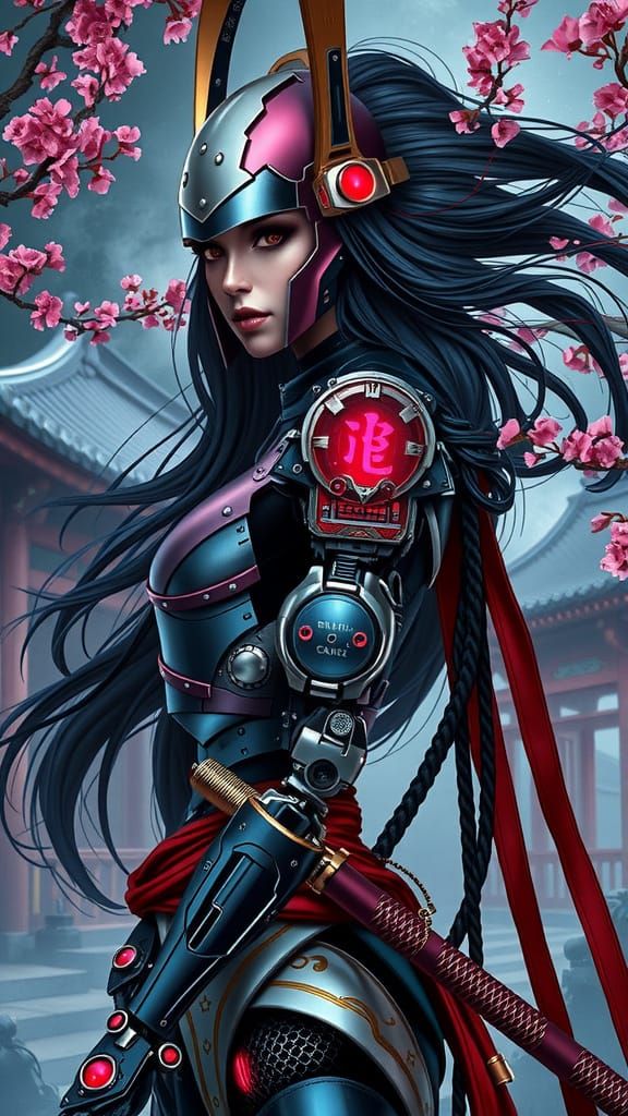Cyberpunk Samurai Robotess in Mirrored Armor