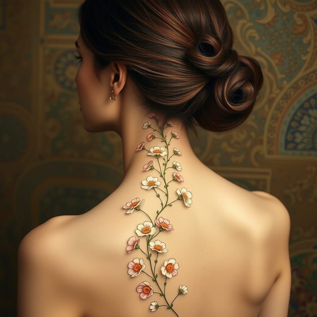Feminine Florals Adorn a Woman's Spine in Elegant Style