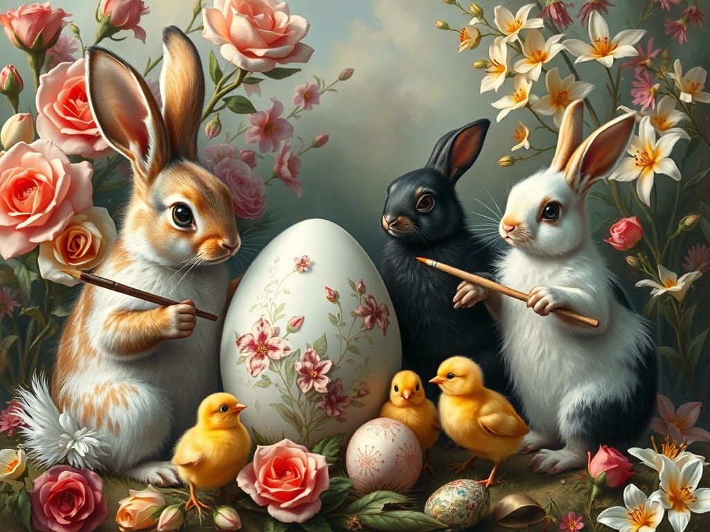 Whimsical Easter Scene with Bunnies Painting Eggs