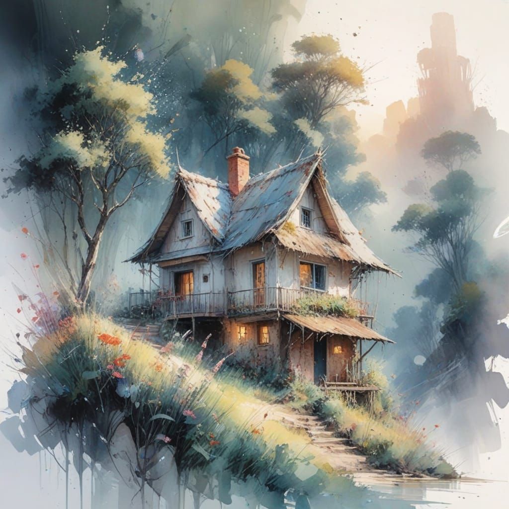 Cozy Cottage as Neo-Impressionist Oil Painting