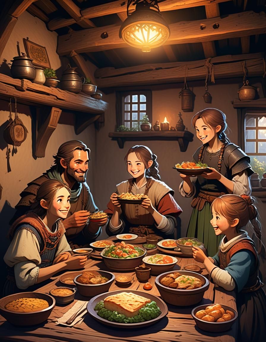 Happy Family Meal in Medieval Fantasy Cottage
