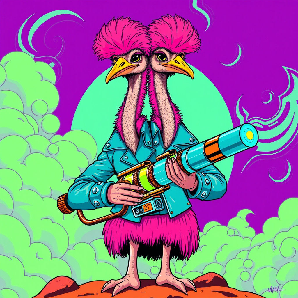 Two-Headed Ostrich Wields Plasma Cannon in Pop Art Style
