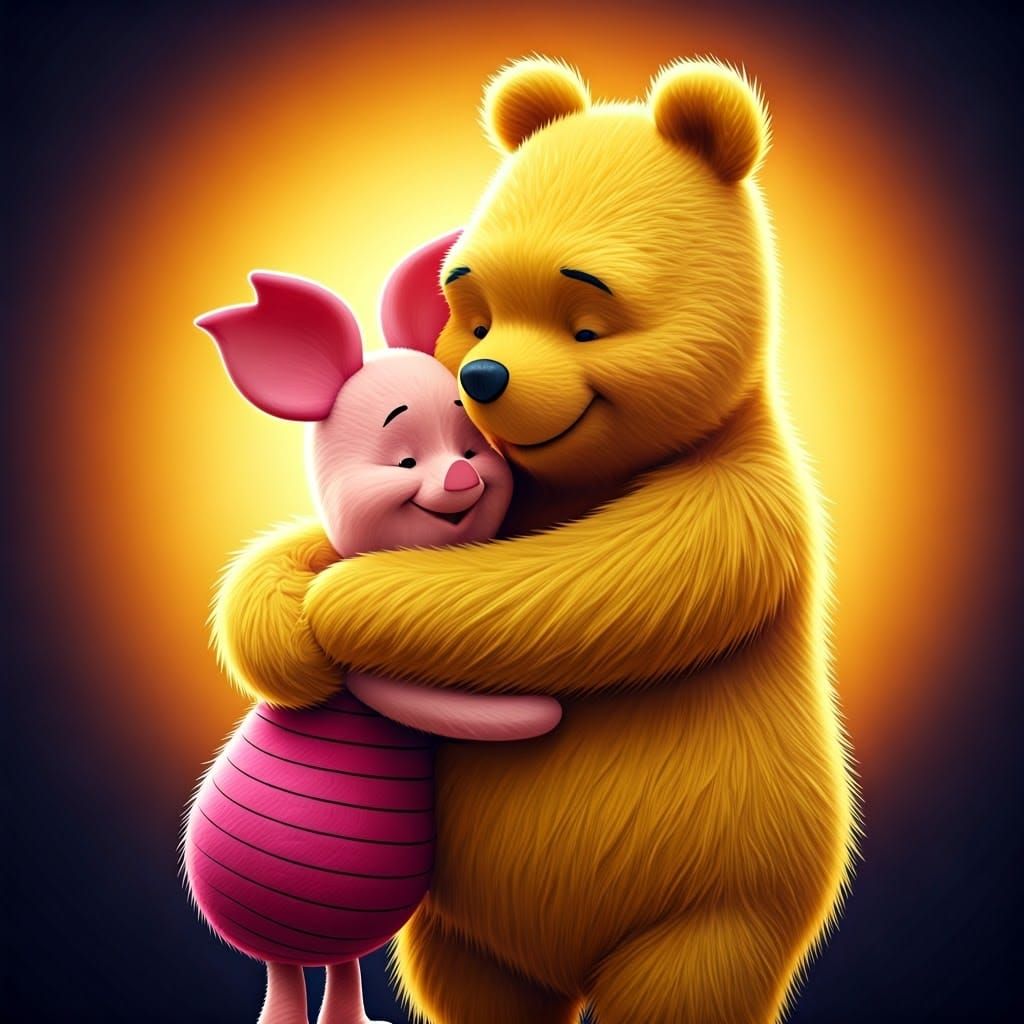 Pooh and Piglet Embrace: 3D Render in Pixar Style