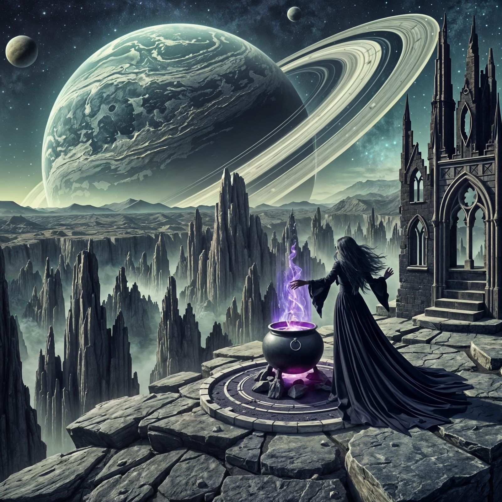 Mystical Sorceress Confronts Ancient Keep in Lunar Dreamscap...