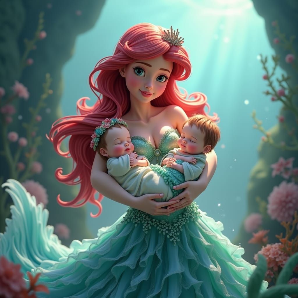 Ariel with Newborn Twins: 3D Anime Art