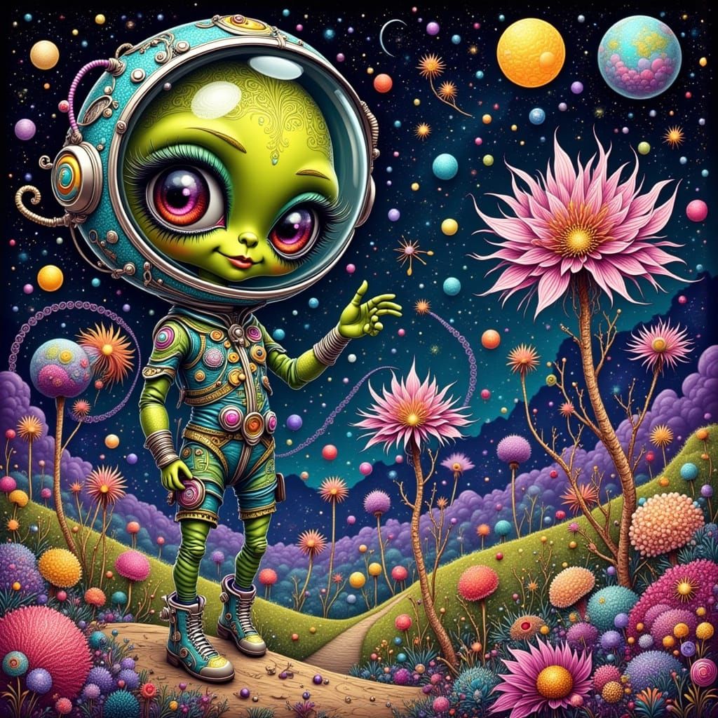 Whimsical Alien in Iridescent Spacesuit