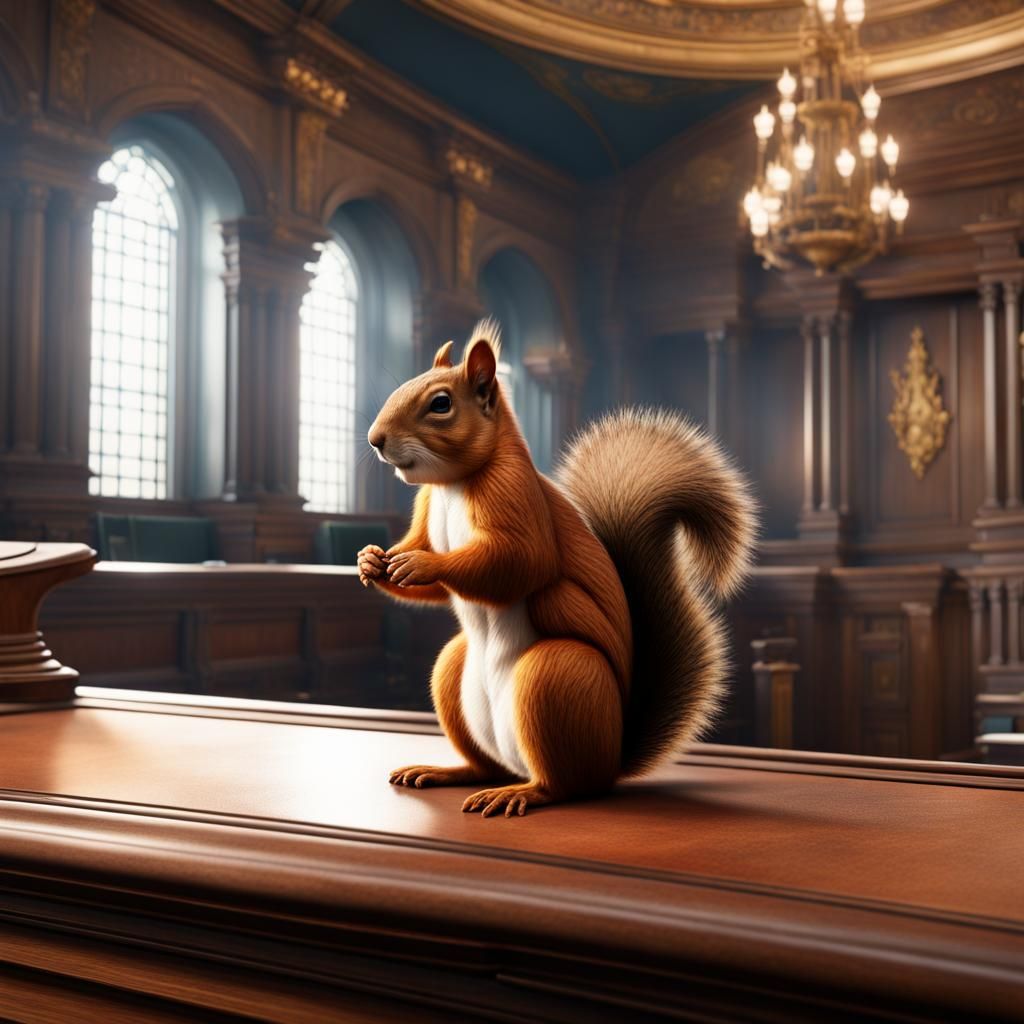 Squirrel in Heaven Courtroom: Hyperrealistic Digital Art