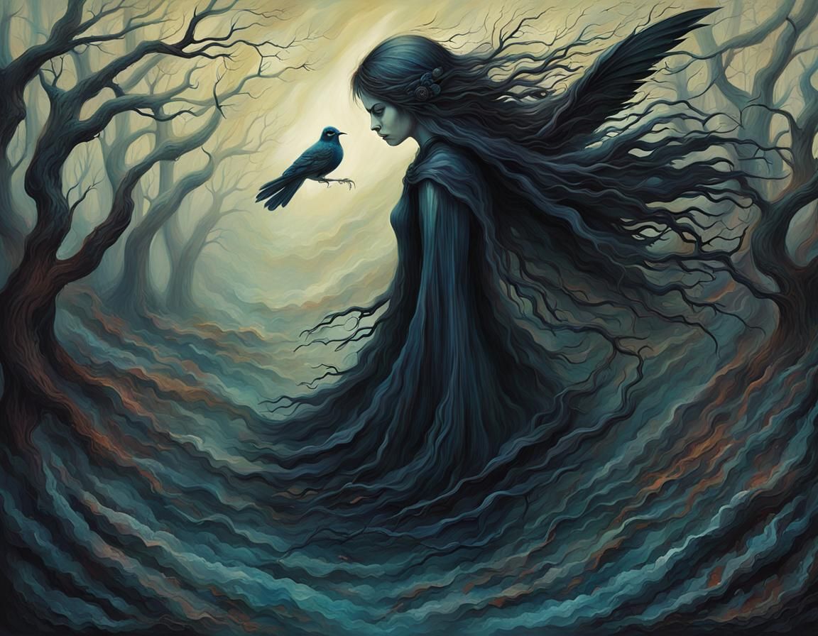 Eerie Gothic Banshee Mourning in Abstract Bird's-Eye View