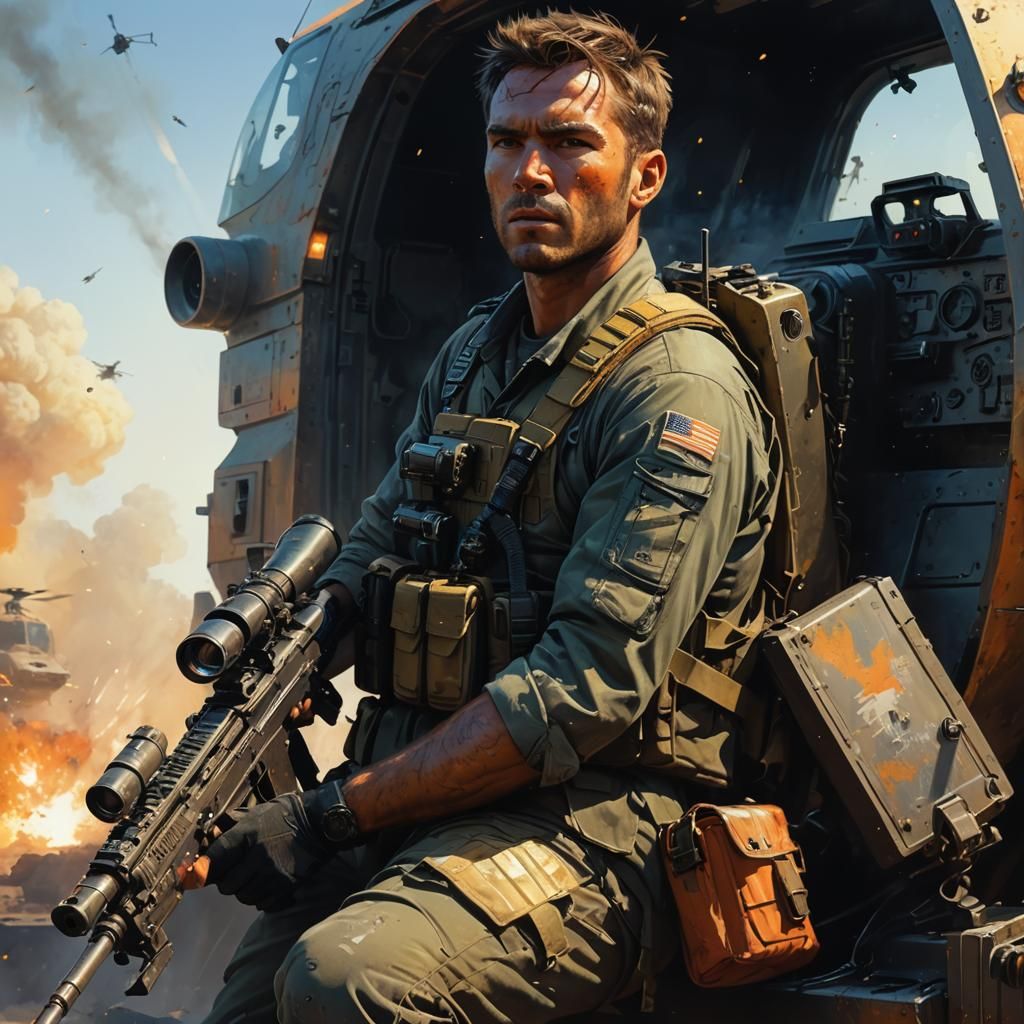 Helicopter Gunner in Combat: Hyperrealistic Concept Art