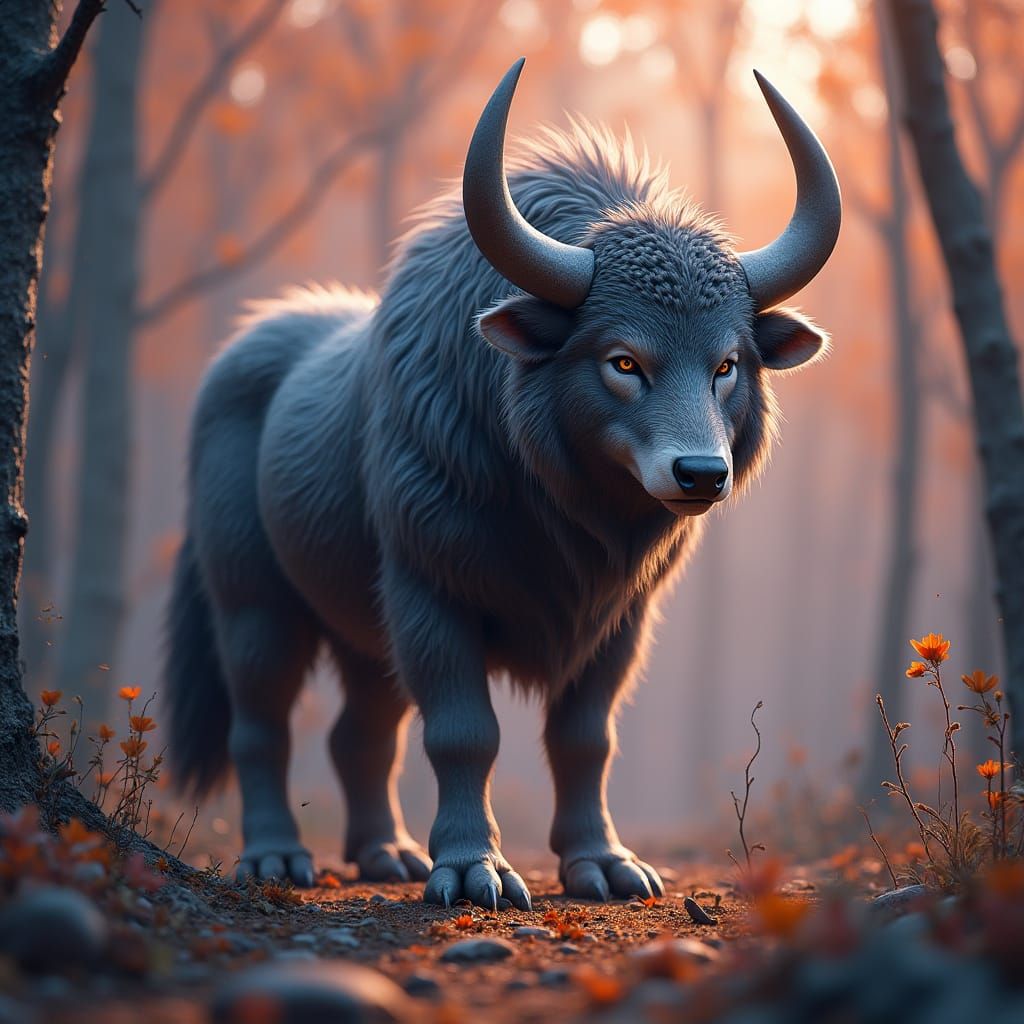 Majestic Bull-Wolf Hybrid in Matte Painting Style