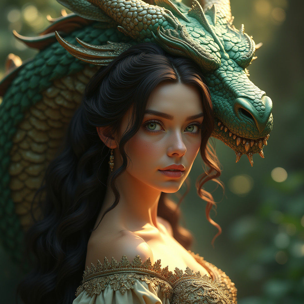 Queen Portrait with Dragon in Hyperrealistic Style