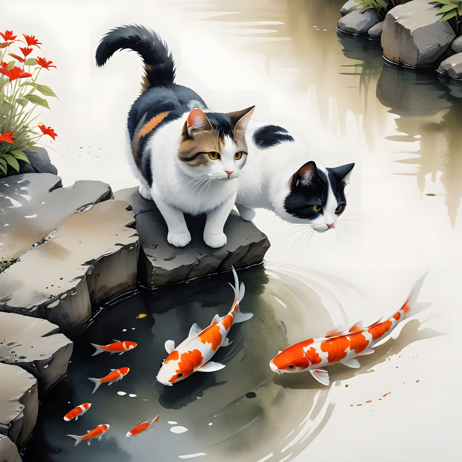 Cat and Koi Pond in Sumi-e Ink Painting Style
