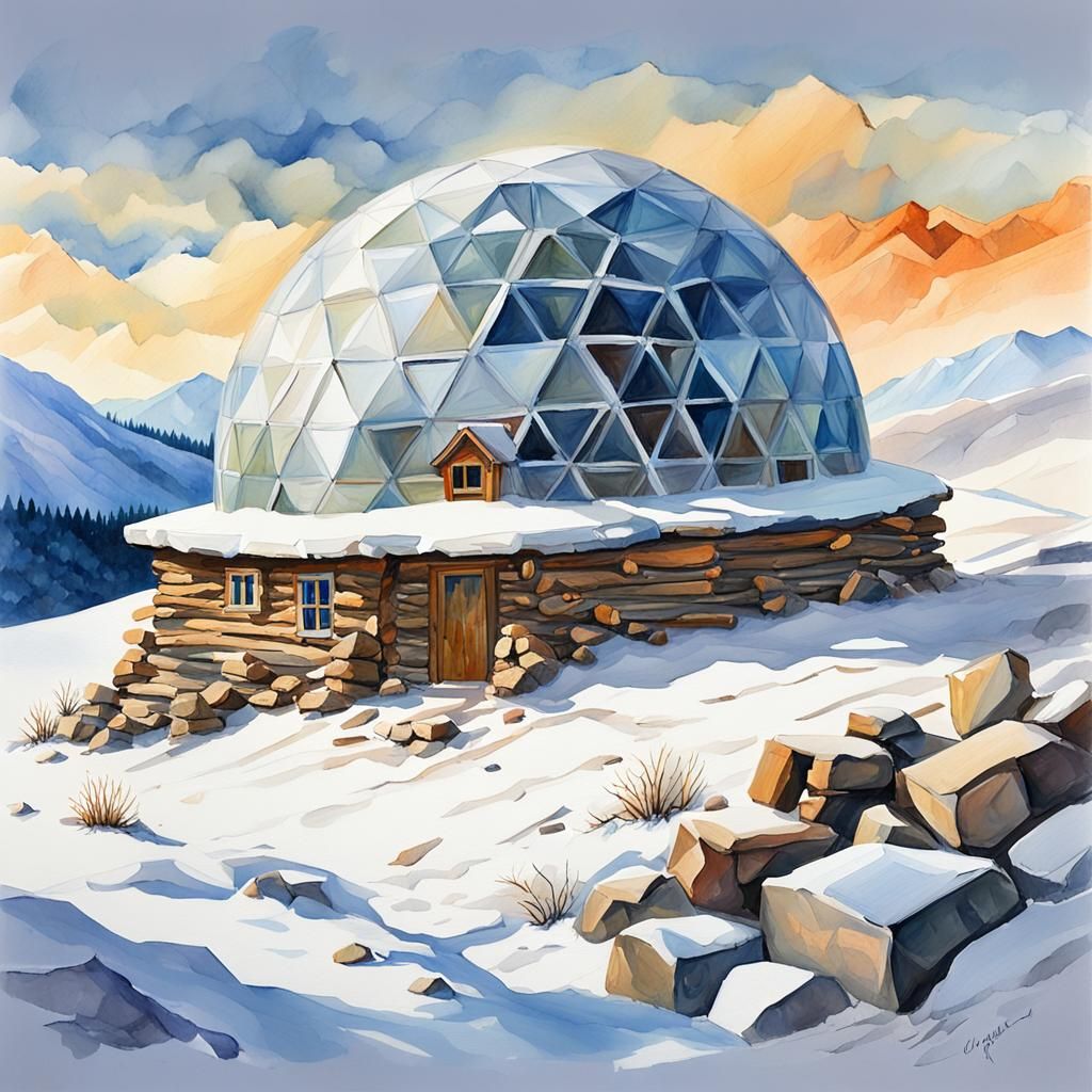 Arctic Building Under Dome: Gouache and Watercolor Painting
