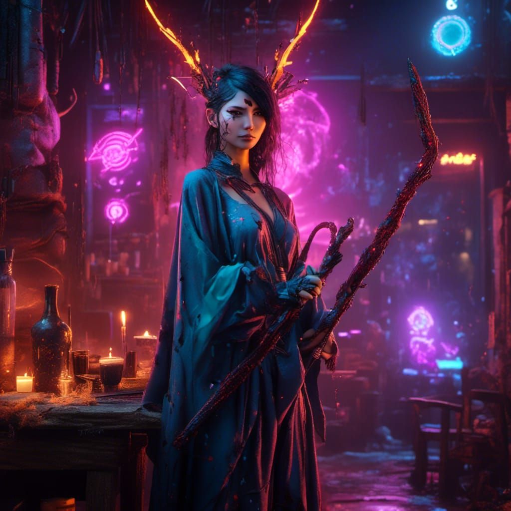 Cyborg Elf Mage in Neon Tavern: Cyberpunk Portrait