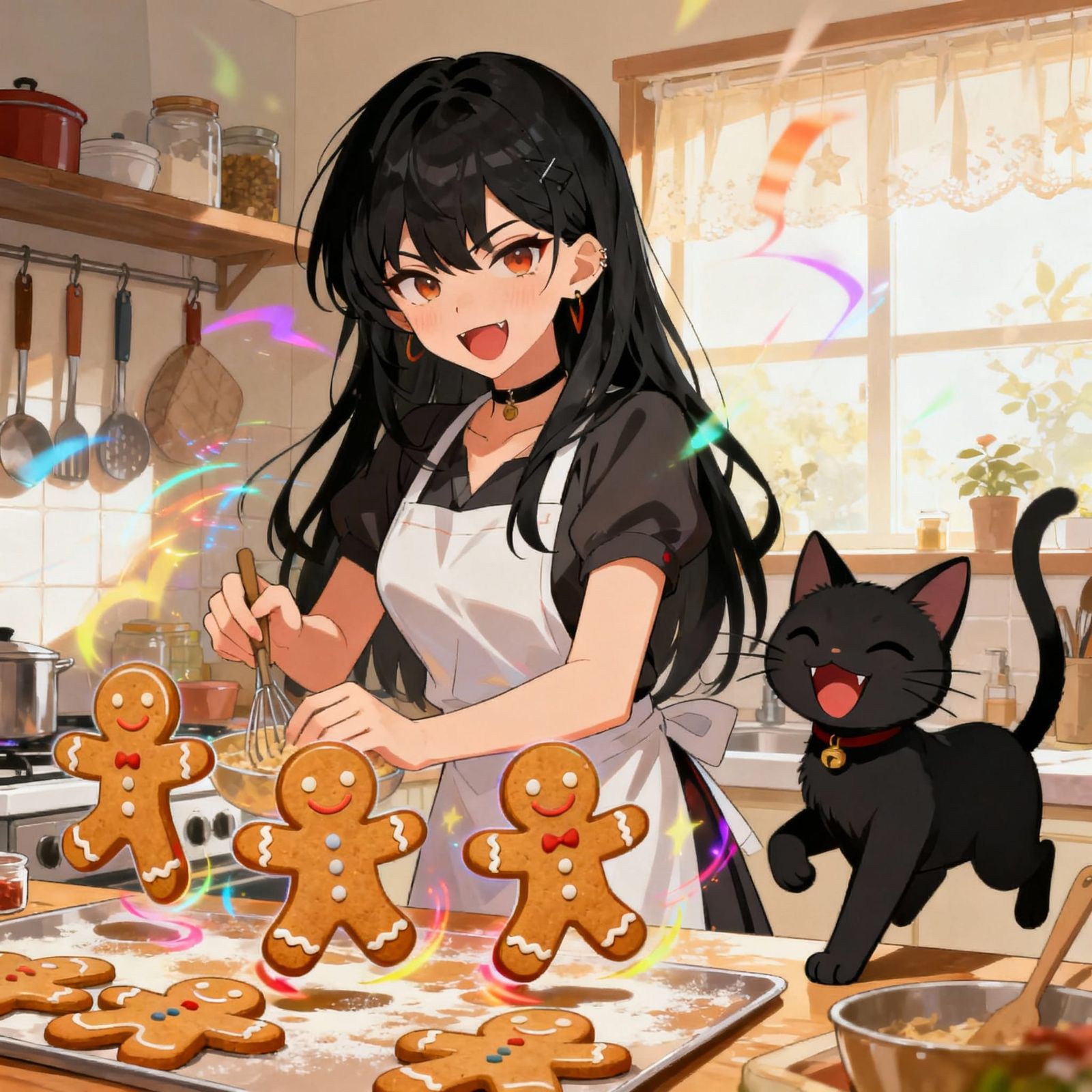 Woman and Cat Create Dancing Gingerbread Men in Kitchen