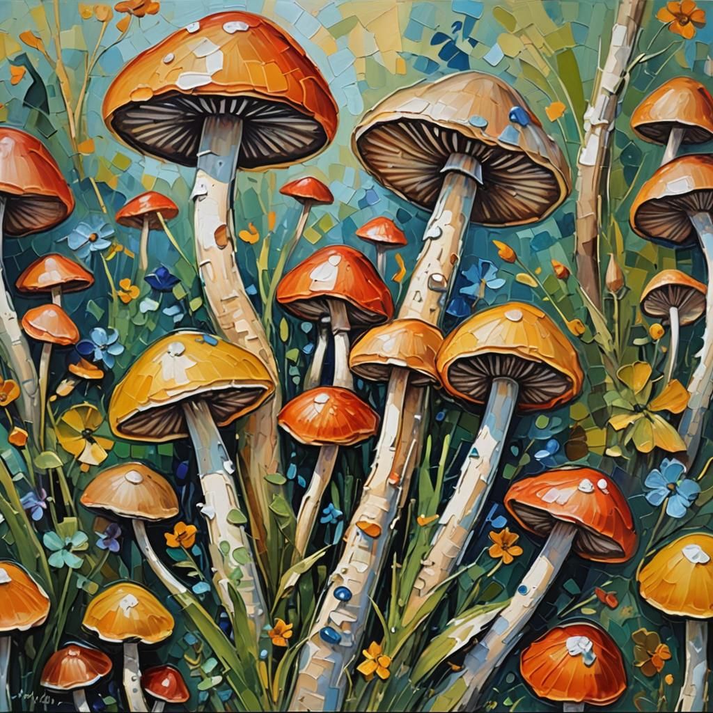 Colorful Neo-Impressionist Painting of Champignon Mushrooms