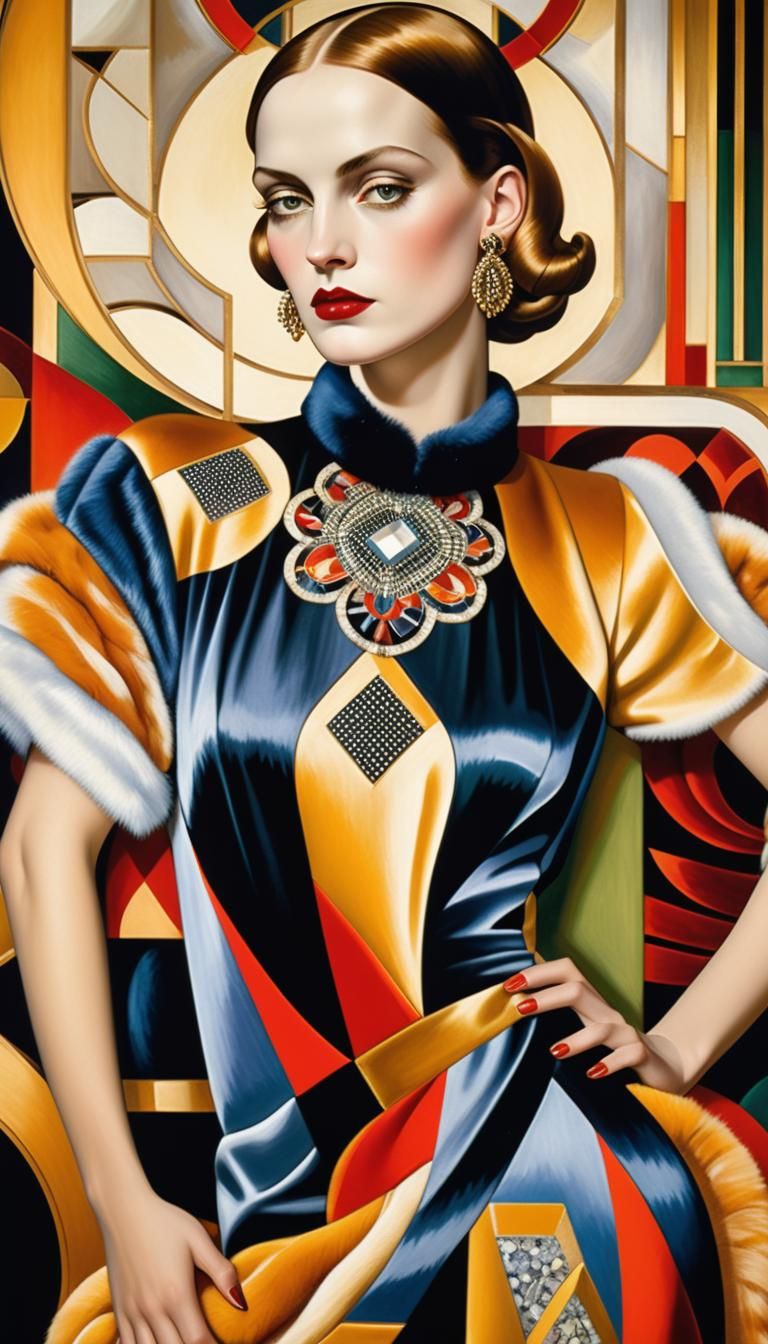Woman in Embroidered Dress Amid Art Deco Furnishings