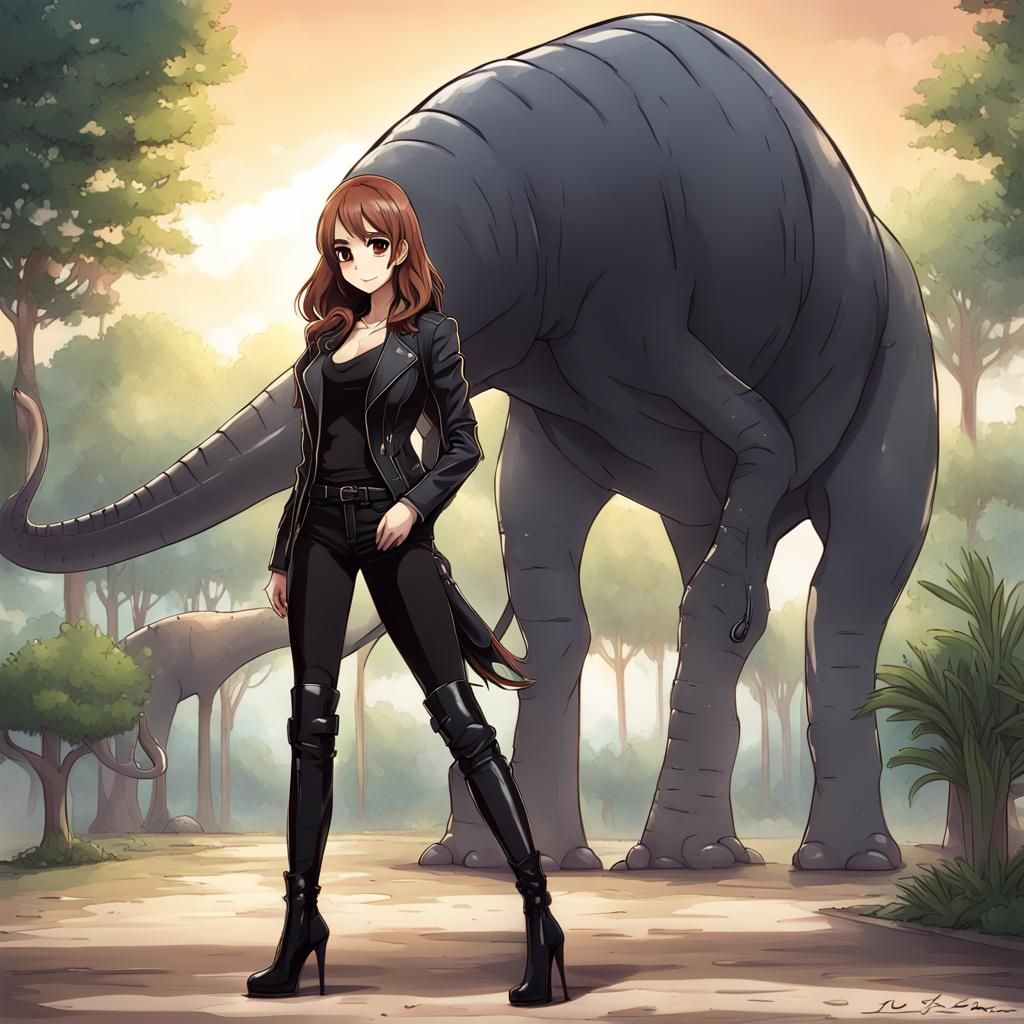 Woman in Leather Confronts Brontosaurus: Anime Style