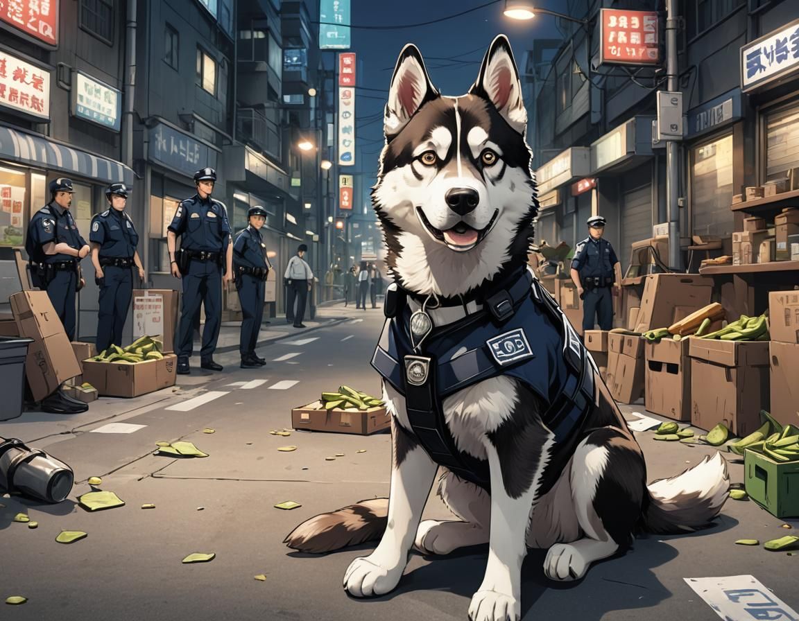 Anime Police Dog Husky in Cel-Shaded Manga Style