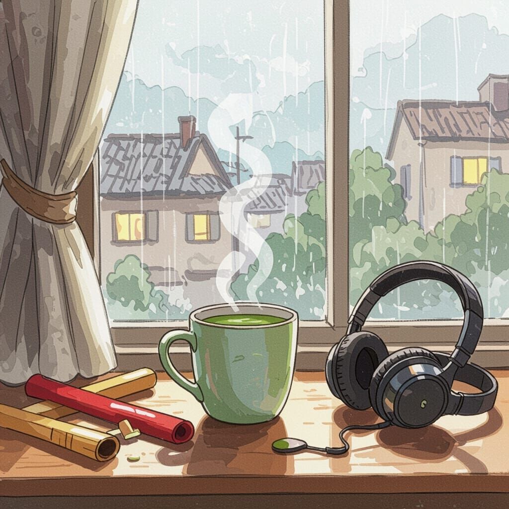 Cozy Matcha Room Sketch with Rain and Headphones