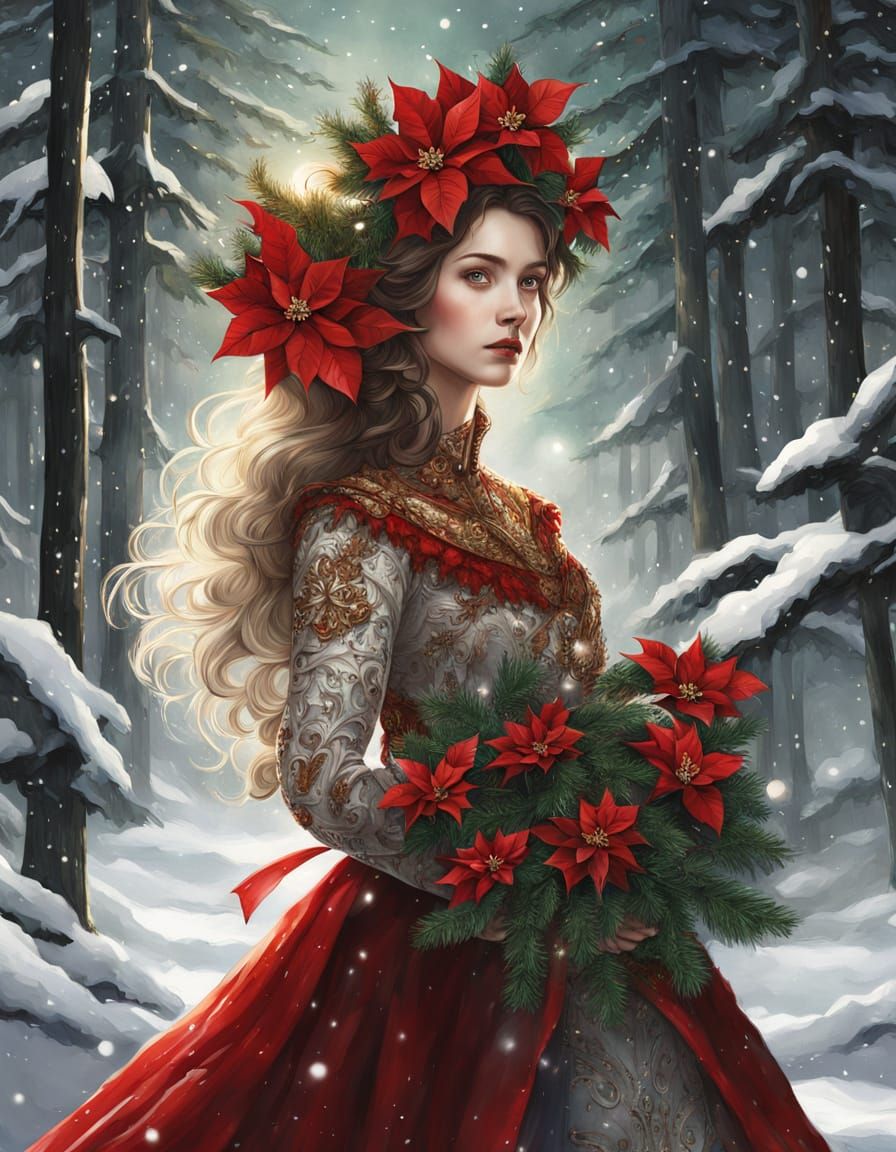 Woman in Poinsettia Gown in Moonlit Winter Forest