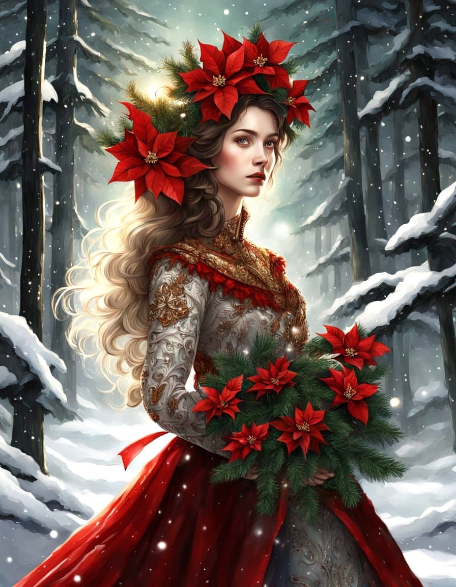 Woman in Poinsettia Gown in Moonlit Winter Forest