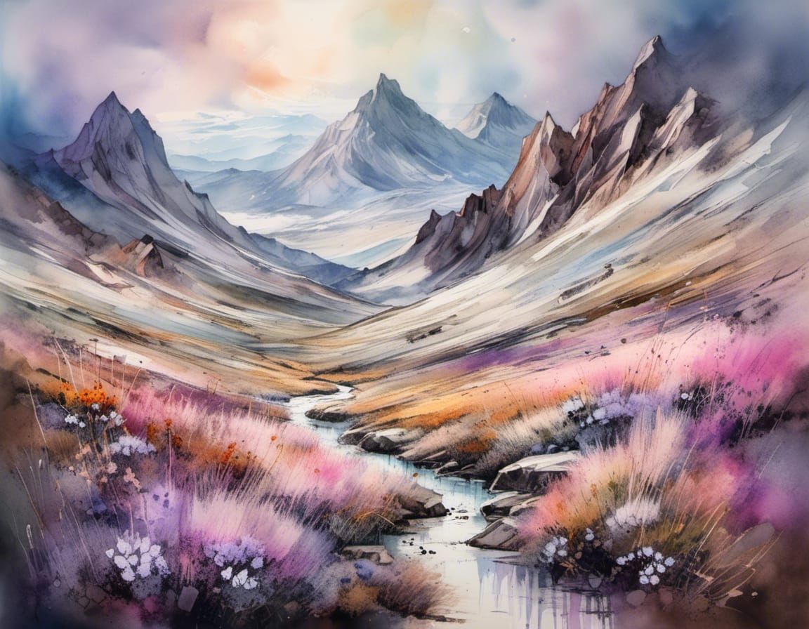 Rocky Mountain Alpine Tundra with White, Pink, Lavender Flowers, Expansive View, Hyper Detailed, Watercolor Illustration...