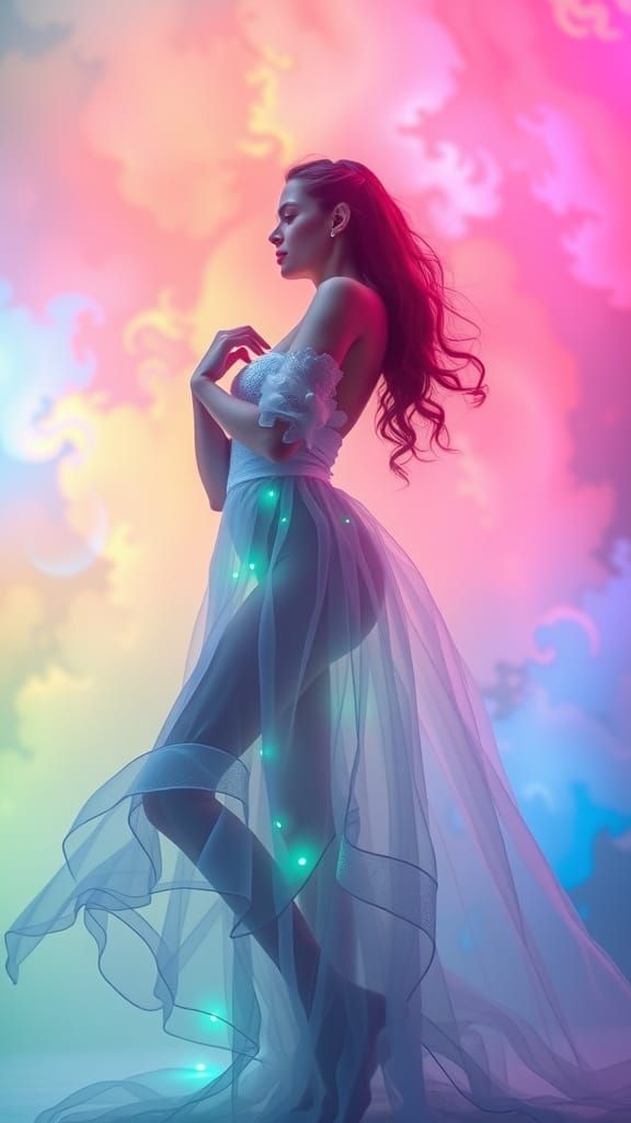 Glowing Woman in Rainbow Landscape, Dreamlike Art
