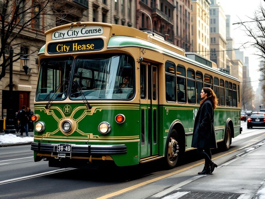 Green and tan vintage trolley bus, (photorealistic), parked ...