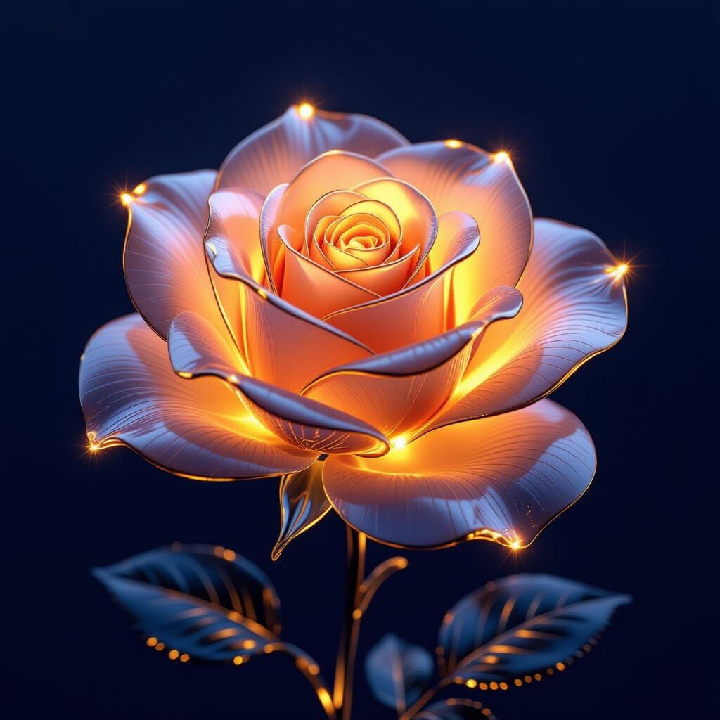 Luminous Golden Glass Rose in Indigo