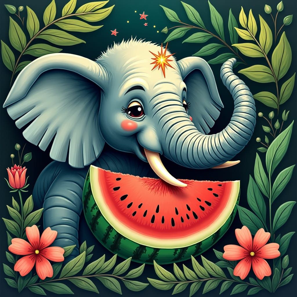 Elephant Eats Watermelon in Folk Art Style