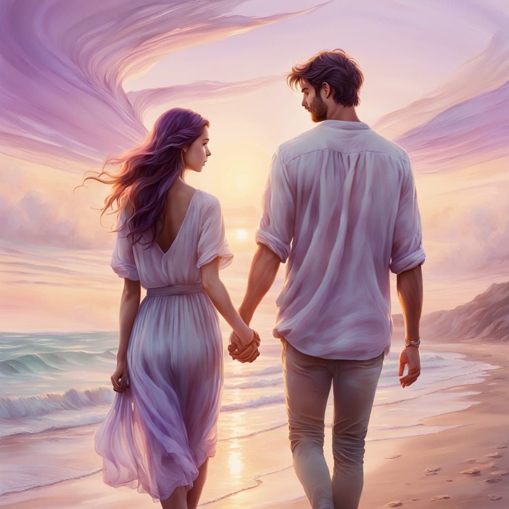 Romantic Couple Holding Hands on Beach at Sunset