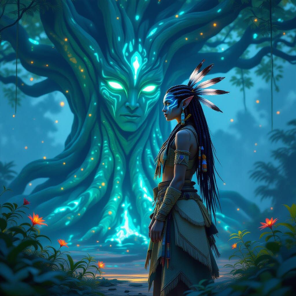 Na'vi Shamaness Before Bioluminescent Tree, Digital Painting