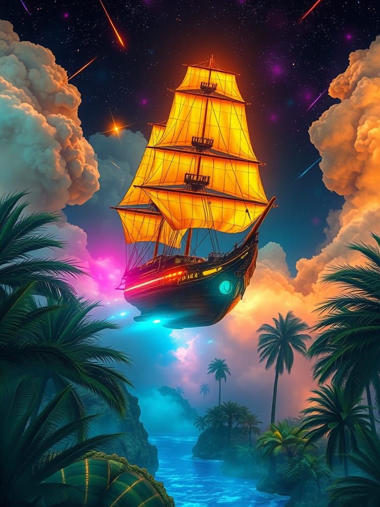 Futuristic Frigate Sailing Through Bioluminescent Nebula